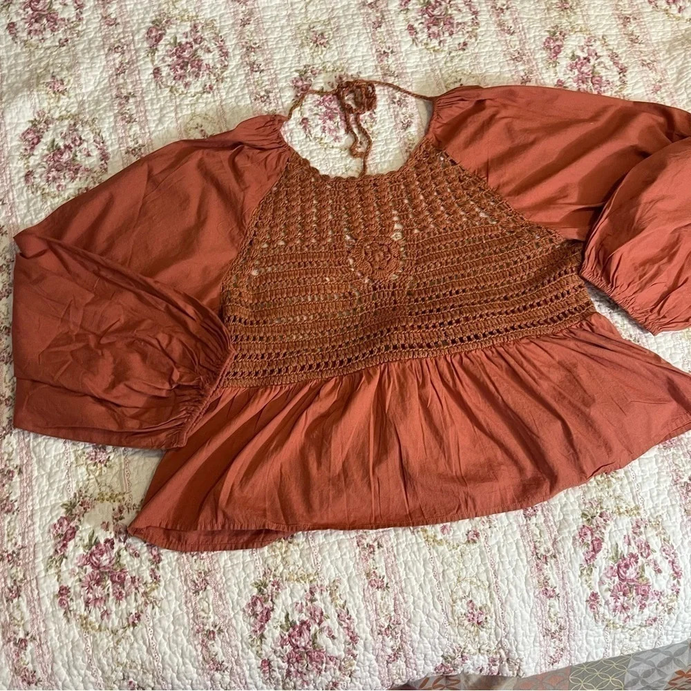 ASOS DESIGN long sleeve top with crochet detail and tie waist in Rust Size: 14